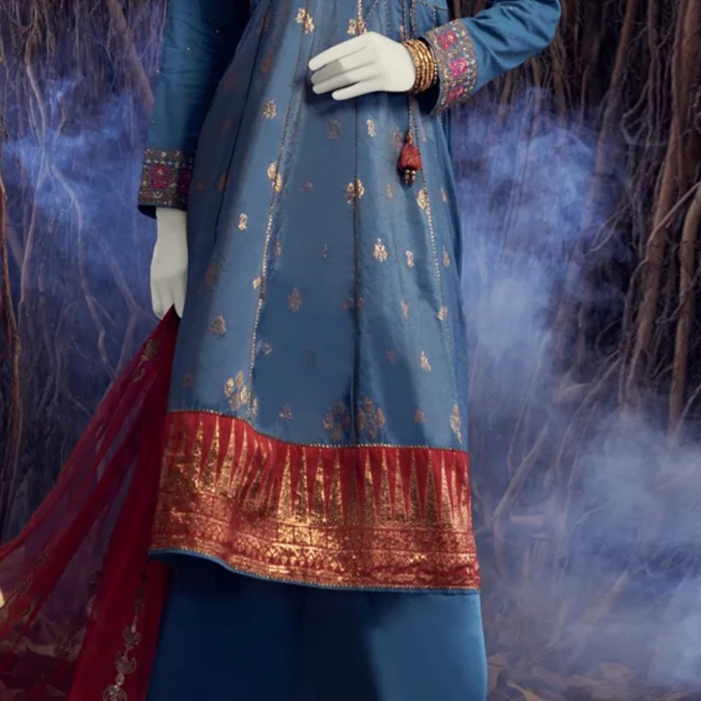 Elegant Blue and Red Embroidered Dress